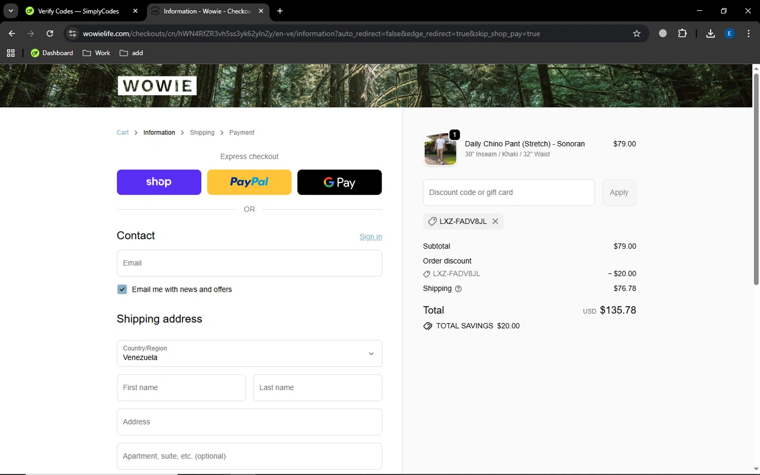 Wowie discount code screenshot showing code LXZ-FADV8JL applied at Wowie checkout page. Uploaded by SimplyCodes community member MoneyGenius452 on Oct 23, 2025