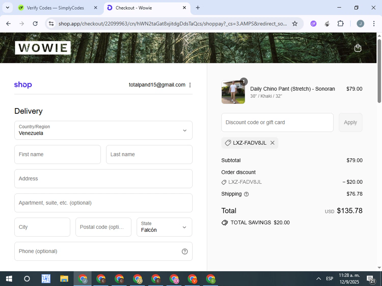 Wowie discount code screenshot showing code LXZ-FADV8JL applied at Wowie checkout page. Uploaded by SimplyCodes community member ValueTracker8384 on Sep 12, 2025