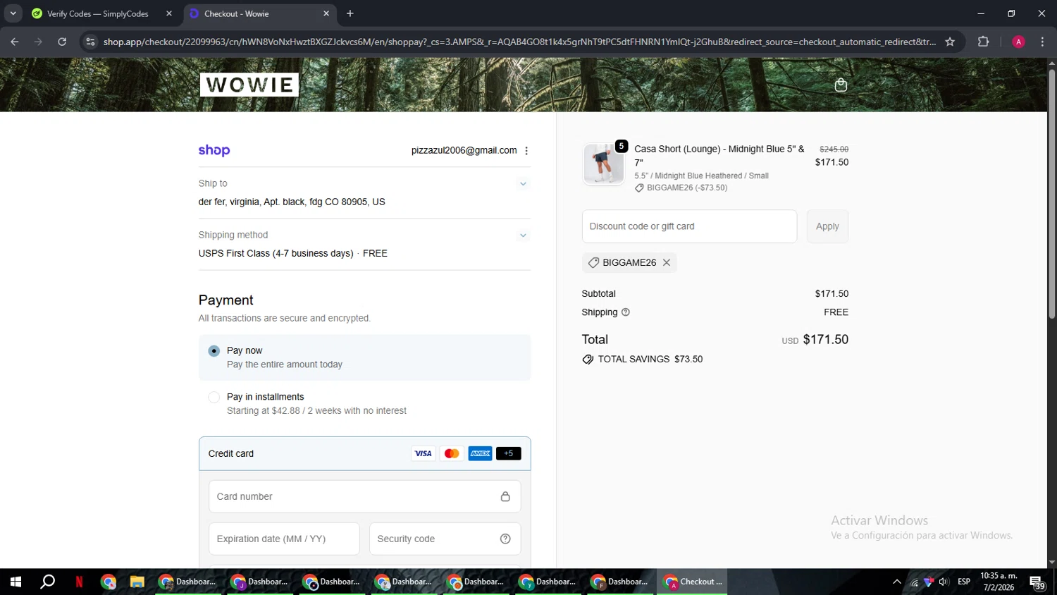 Wowie discount code screenshot showing code BigGame26 applied at Wowie checkout page. Uploaded by SimplyCodes community member BMWGS1200 on Feb 7, 2026