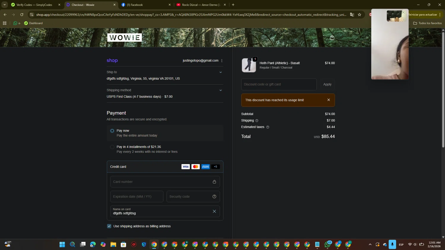 Wowie discount code screenshot showing code RETURN-8S9F6KJP applied at Wowie checkout page. Uploaded by SimplyCodes community member PromoTitan1625 on Feb 16, 2026