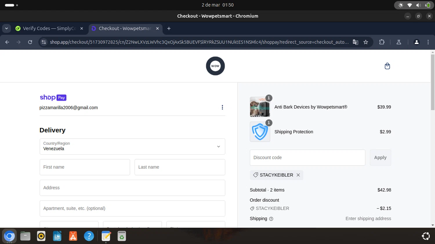 Wowpetsmart discount code screenshot showing code STACYKEIBLER applied at Wowpetsmart checkout page. Uploaded by SimplyCodes community member SAKURA on Mar 2, 2025