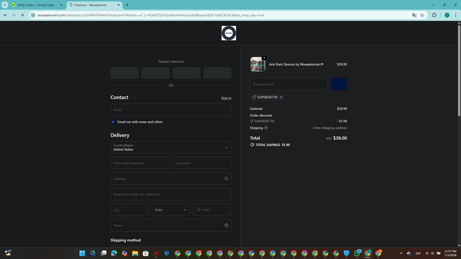 Wowpetsmart discount code screenshot showing code supergift10 applied at Wowpetsmart checkout page. Uploaded by SimplyCodes community member SavingsRanger5017 on Jan 5, 2026