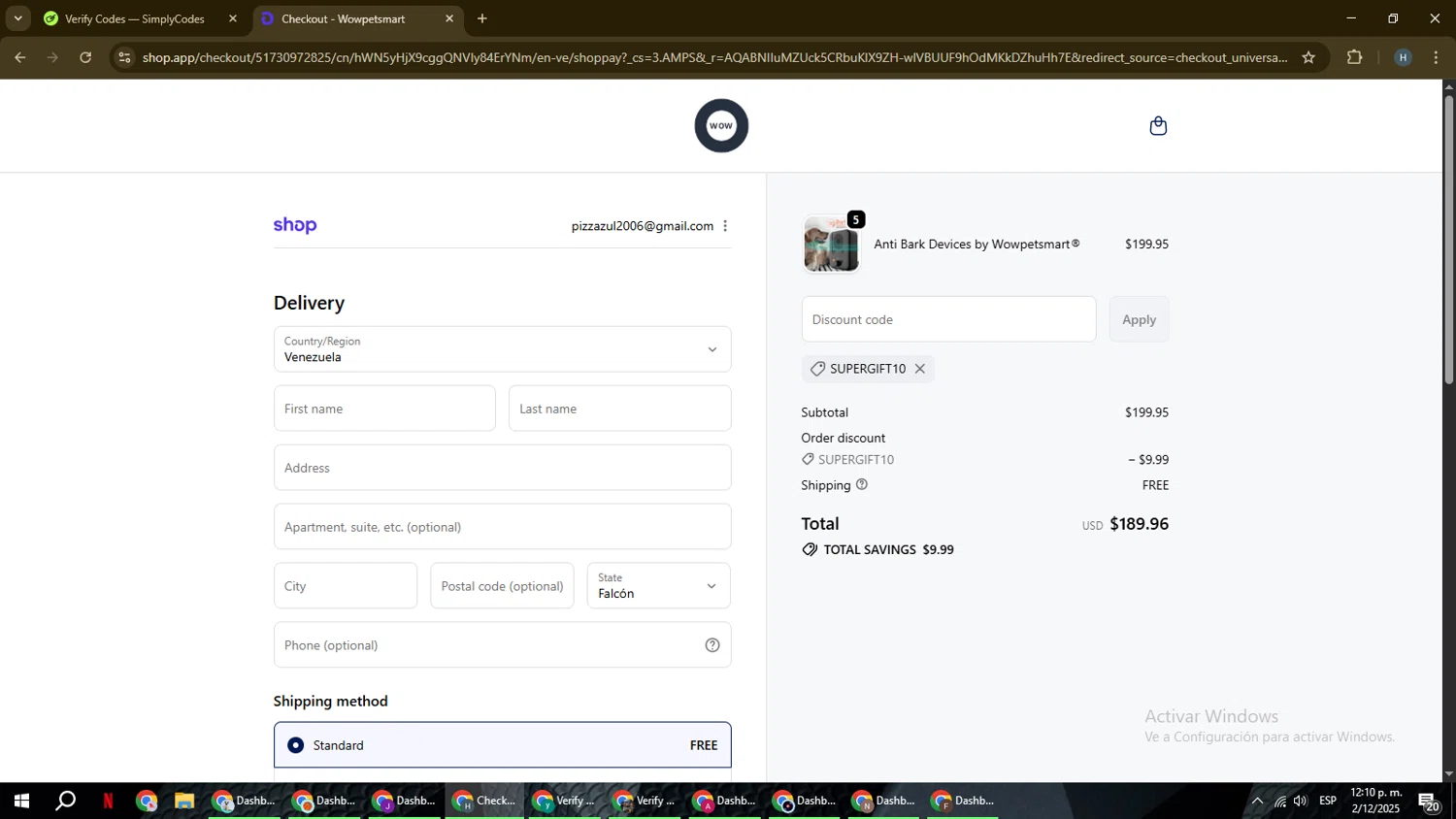Wowpetsmart discount code screenshot showing code supergift10 applied at Wowpetsmart checkout page. Uploaded by SimplyCodes community member YAMAHA on Dec 2, 2025
