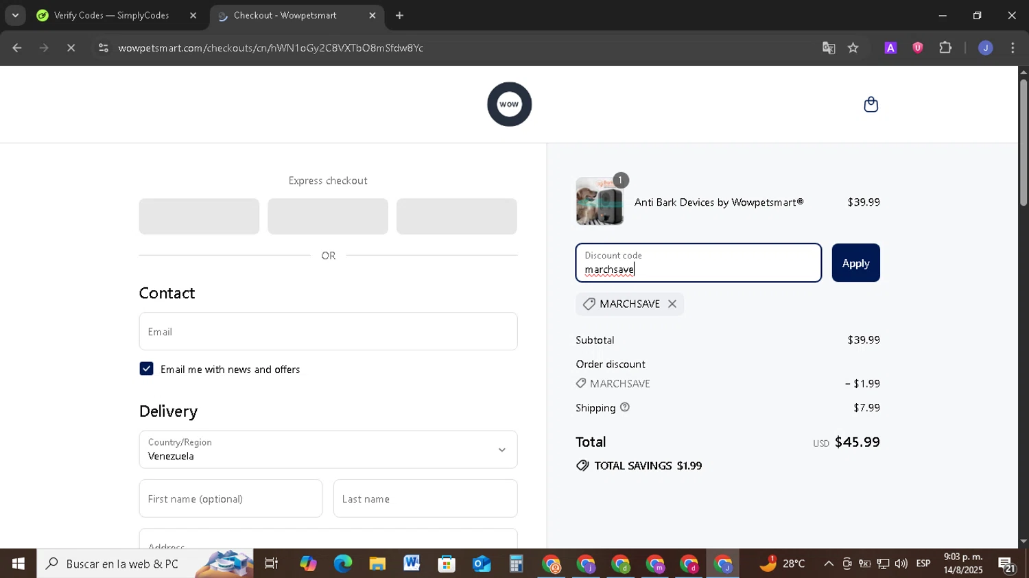 Wowpetsmart discount code screenshot showing code marchsave applied at Wowpetsmart checkout page. Uploaded by SimplyCodes community member EpicSage3474 on Aug 15, 2025