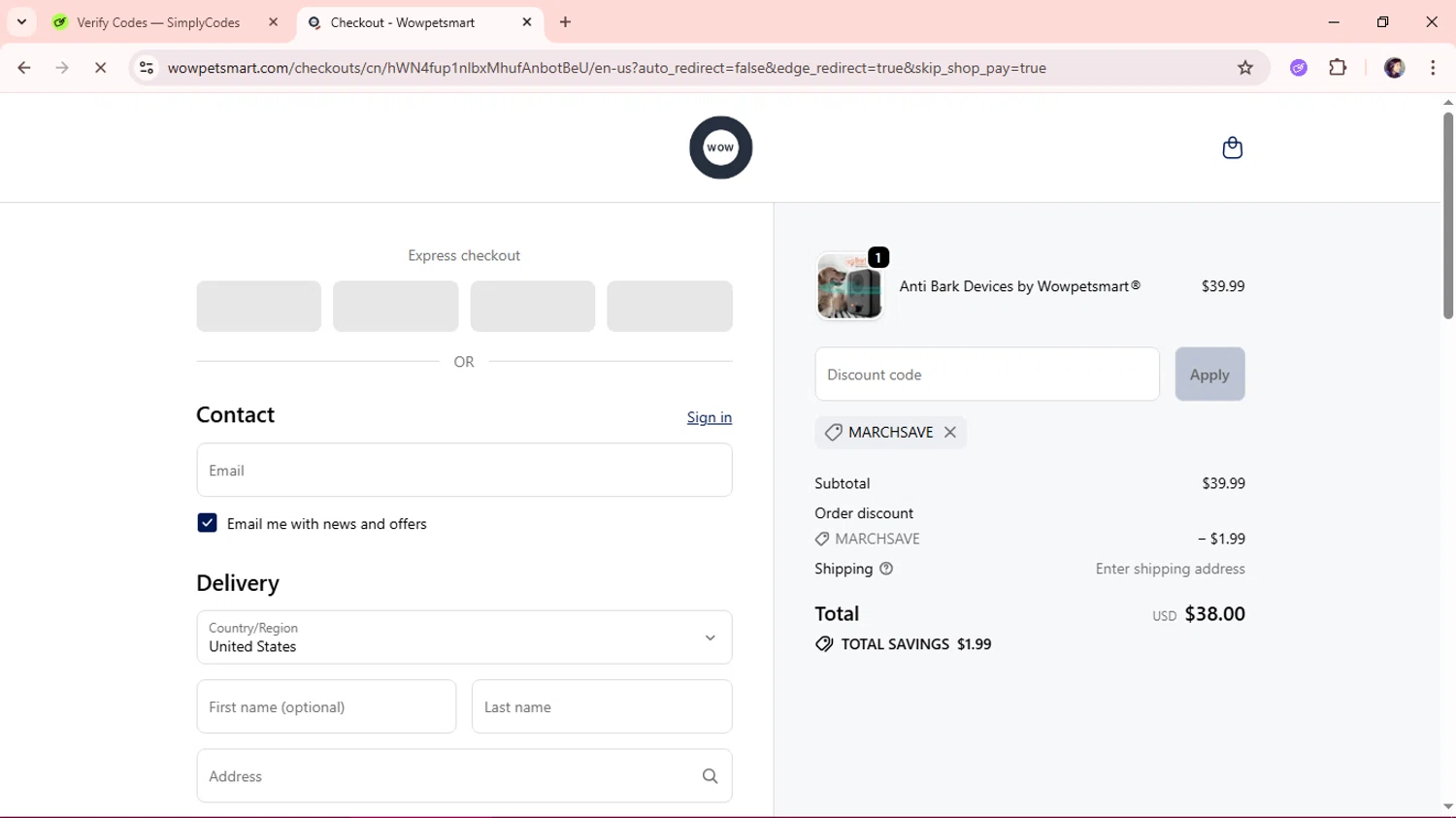 Wowpetsmart discount code screenshot showing code marchsave applied at Wowpetsmart checkout page. Uploaded by SimplyCodes community member aSASAS on Oct 29, 2025