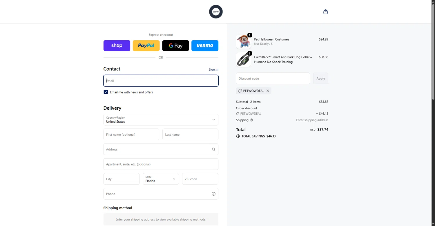 Wowpetsmart discount code screenshot showing code petwowdeal applied at Wowpetsmart checkout page. Uploaded by SimplyCodes community member DealExpert4491 on Nov 12, 2025