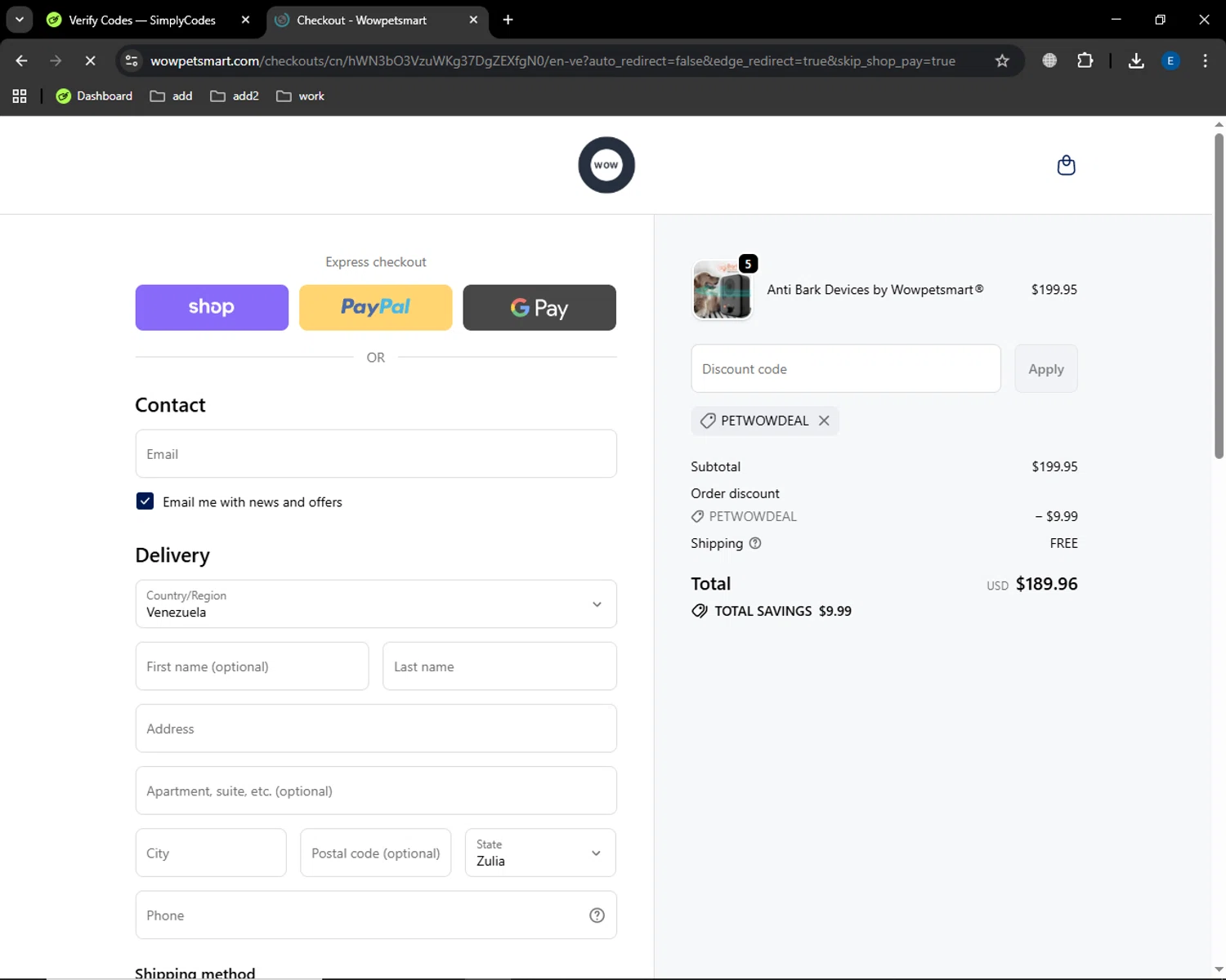 Wowpetsmart discount code screenshot showing code petwowdeal applied at Wowpetsmart checkout page. Uploaded by SimplyCodes community member MoneyGenius452 on Oct 1, 2025