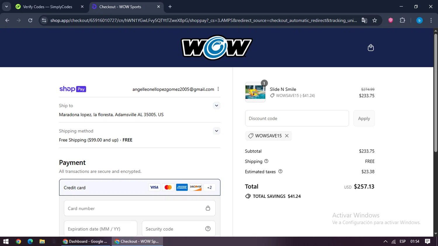 WOW Sports discount code screenshot showing code WOWSAVE15 applied at WOW Sports checkout page. Uploaded by SimplyCodes community member bilijr on Aug 8, 2025