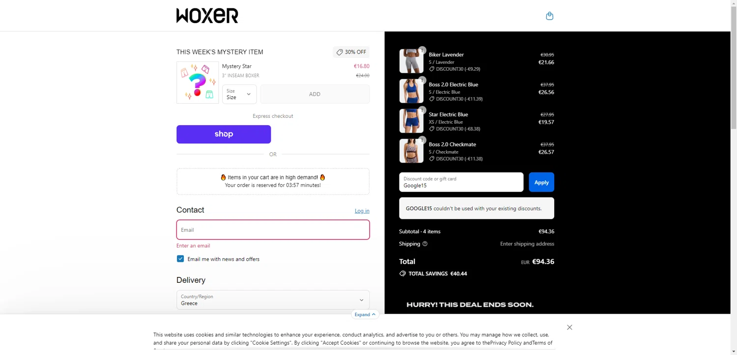Woxer promo code screenshot showing code Google15 applied at Woxer checkout page. Uploaded by SimplyCodes community member NobleMaestro6498 on Aug 29, 2025