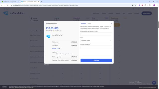 wpDataTables checkout page showing wpDataTables promo code box | Screenshot taken by SimplyCodes community member on Aug 23, 2025