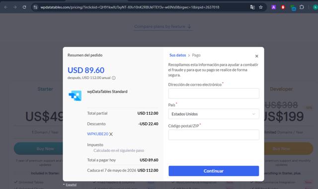 wpDataTables checkout page showing wpDataTables promo code box | Screenshot taken by SimplyCodes community member on May 7, 2025