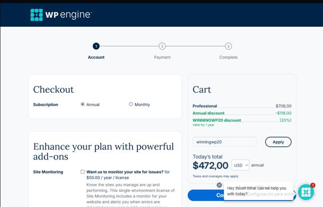 WP Engine checkout page showing WP Engine coupon code box | Screenshot taken by SimplyCodes community member on May 21, 2025