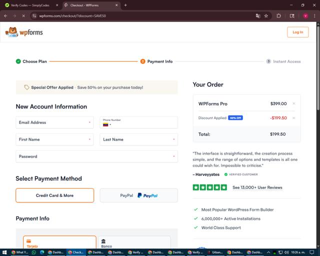 WPForms checkout page showing WPForms promo code box | Screenshot taken by SimplyCodes community member on Aug 8, 2025