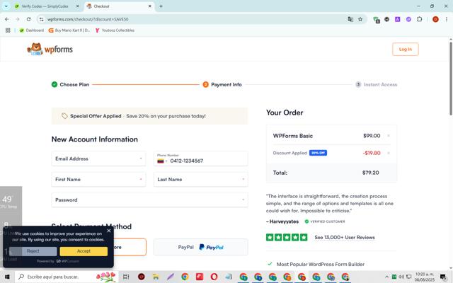 WPForms checkout page showing WPForms promo code box | Screenshot taken by SimplyCodes community member on Aug 8, 2025
