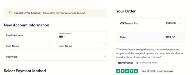 WPForms checkout page showing WPForms promo code box | Screenshot taken by SimplyCodes community member on Aug 1, 2025