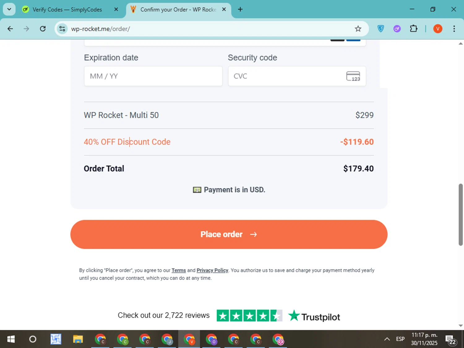 WP Rocket coupon code screenshot showing code support10 applied at WP Rocket checkout page. Uploaded by SimplyCodes community member CodeMonarch8148 on Dec 1, 2025