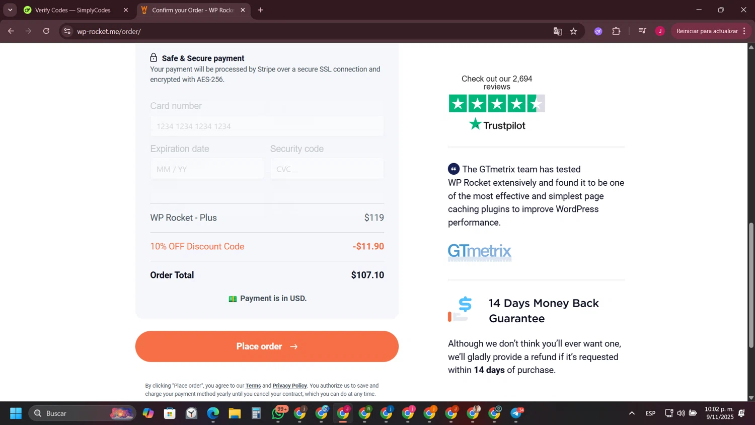 WP Rocket checkout page showing WP Rocket coupon code box | Screenshot taken by SimplyCodes community member on Nov 10, 2025