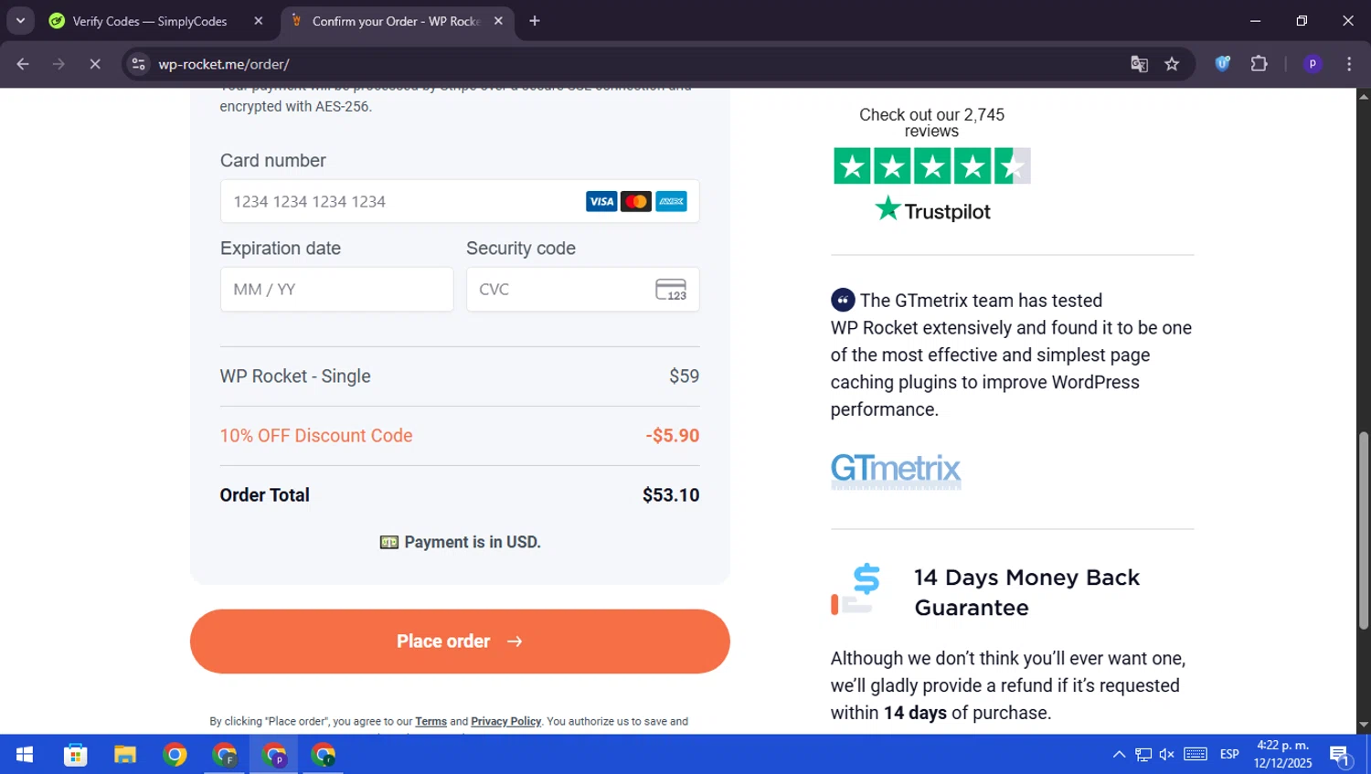 WP Rocket coupon code screenshot showing code support10 applied at WP Rocket checkout page. Uploaded by SimplyCodes community member RebateScout6612 on Dec 12, 2025