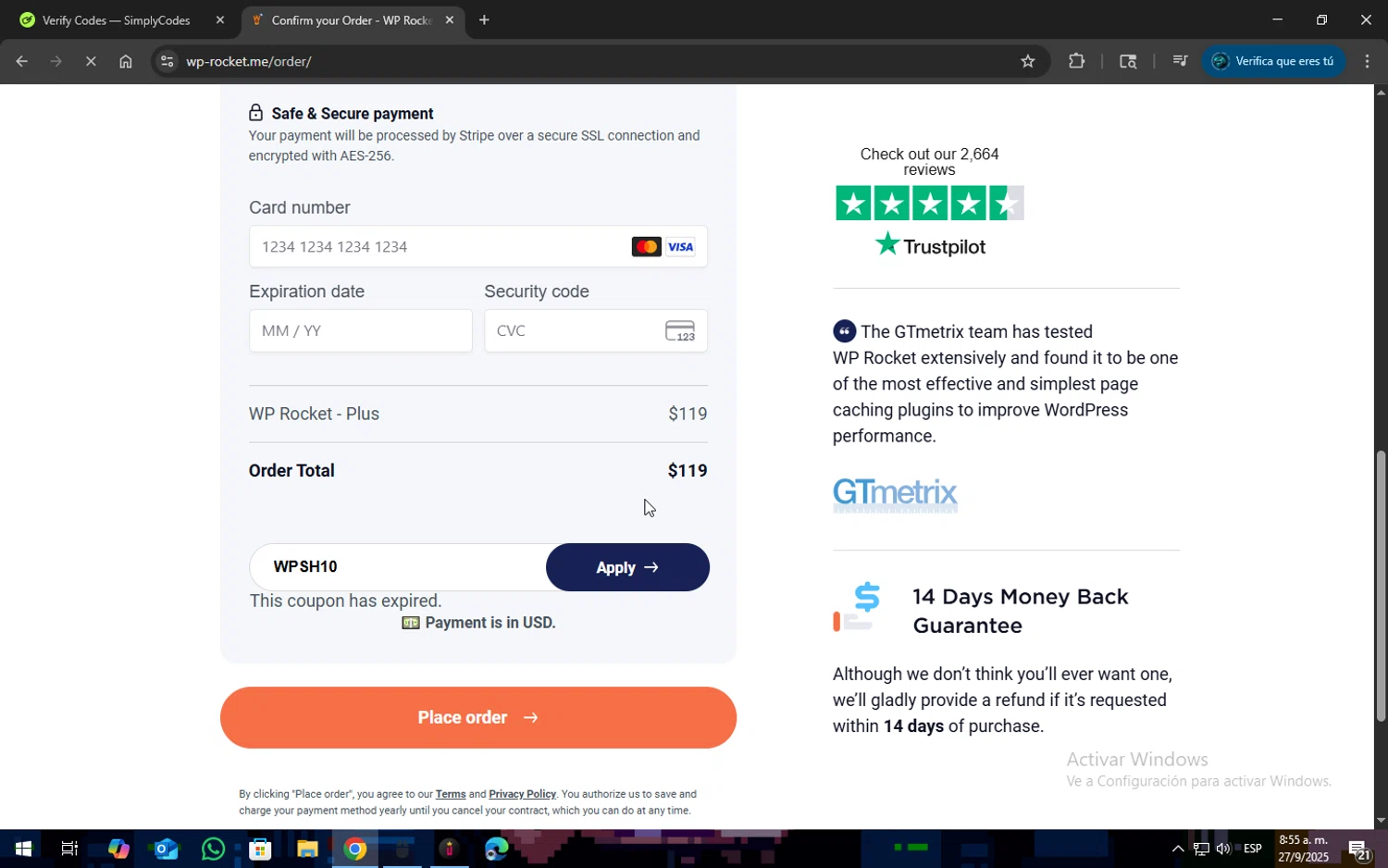 WP Rocket coupon code screenshot showing code WPSH10 applied at WP Rocket checkout page. Uploaded by SimplyCodes community member SOPACONPAN on Sep 27, 2025