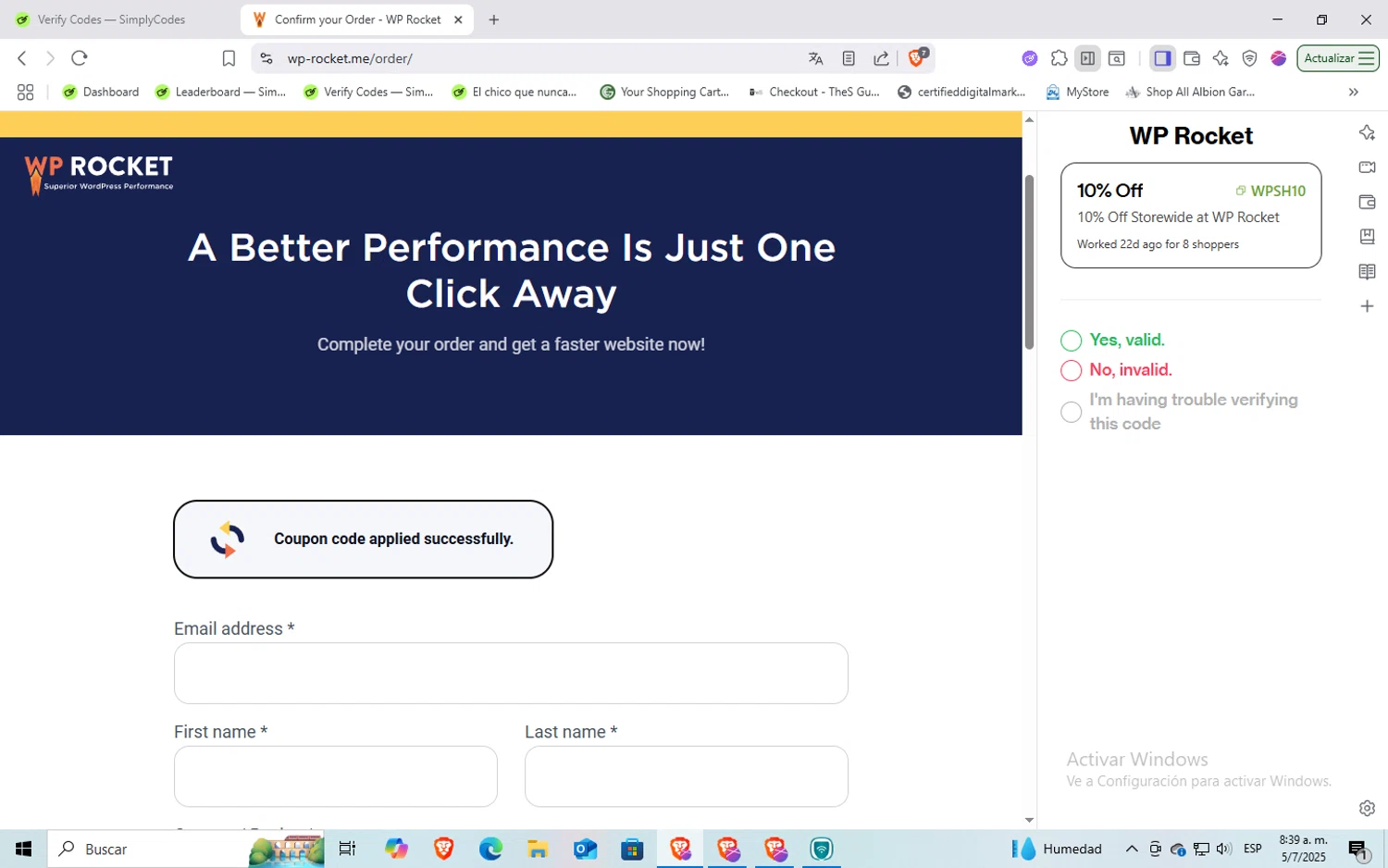 WP Rocket coupon code screenshot showing code WPSH10 applied at WP Rocket checkout page. Uploaded by SimplyCodes community member Rayyyyyy on Jul 5, 2025