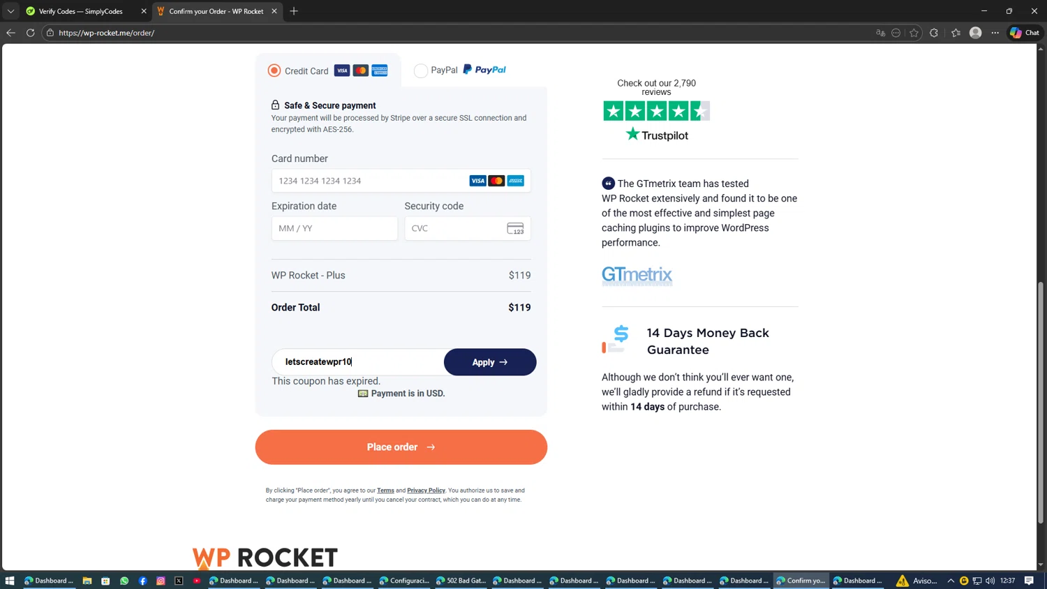 WP Rocket coupon code screenshot showing code letscreatewpr10 applied at WP Rocket checkout page. Uploaded by SimplyCodes community member SwiftSage2309 on Feb 1, 2026