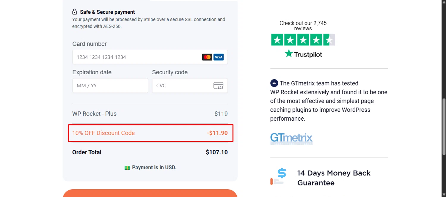 WP Rocket coupon code screenshot showing code letscreatewpr10 applied at WP Rocket checkout page. Uploaded by SimplyCodes community member noworries on Dec 12, 2025