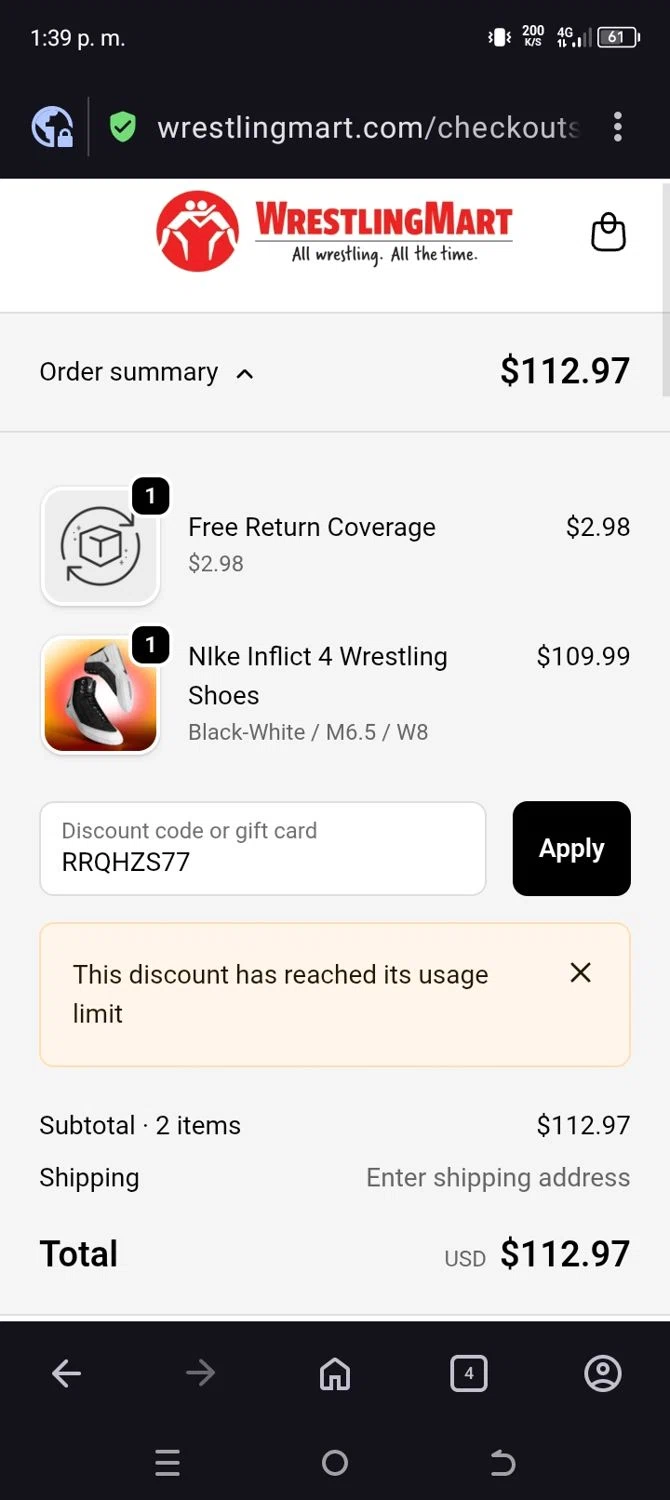 WrestlingMart discount code screenshot showing code RRQHZS77 applied at WrestlingMart checkout page. Uploaded by SimplyCodes community member WiseScout4178 on Oct 31, 2025