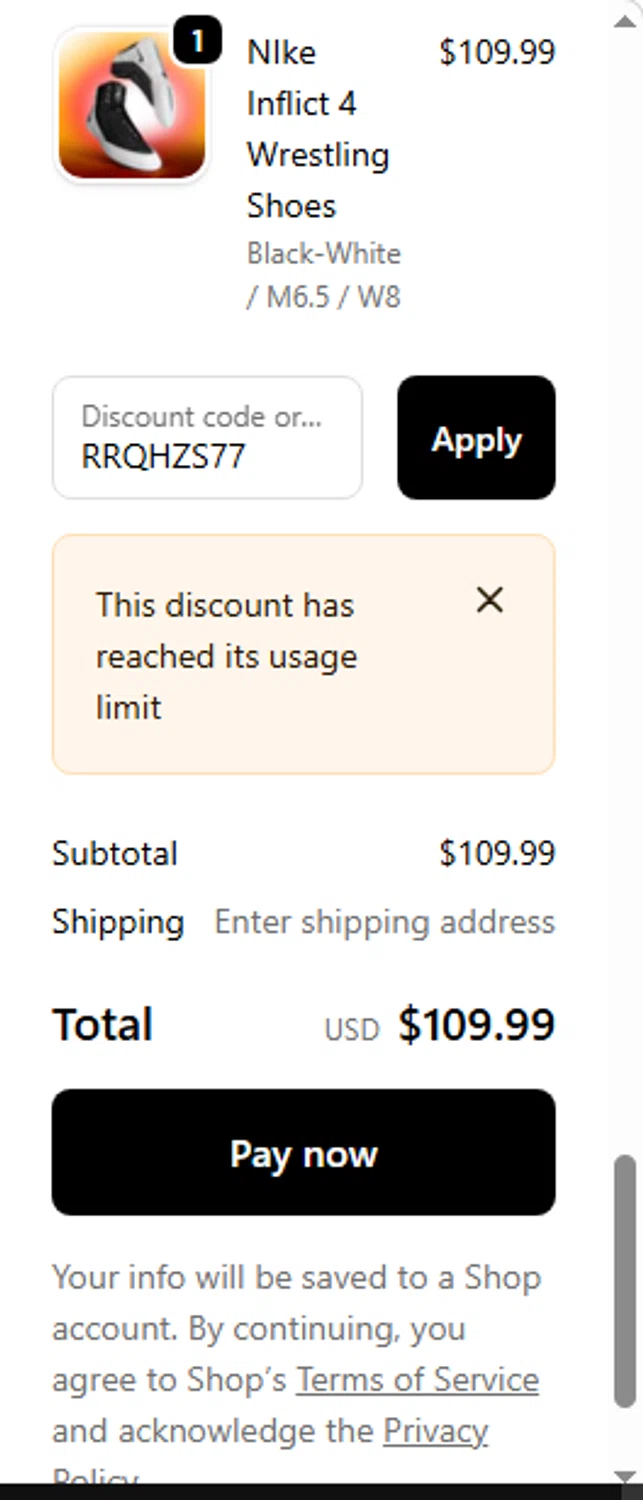 WrestlingMart discount code screenshot showing code RRQHZS77 applied at WrestlingMart checkout page. Uploaded by SimplyCodes community member sofia_8 on Oct 31, 2025