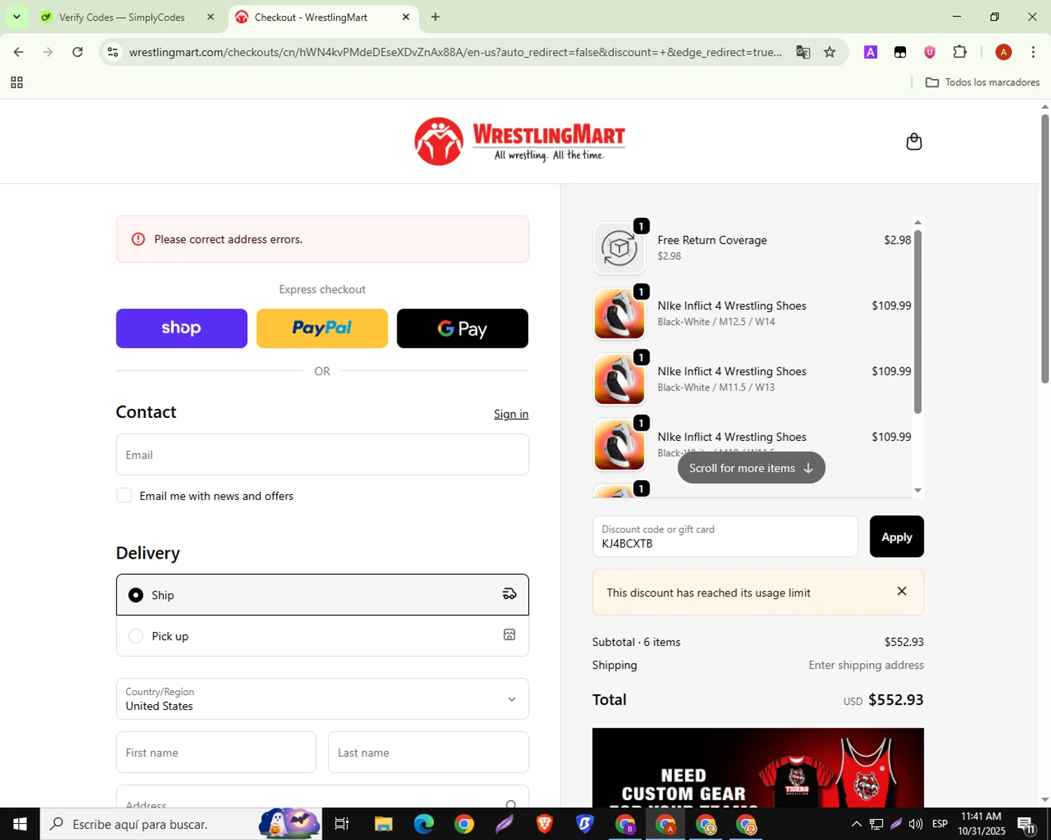 WrestlingMart discount code screenshot showing code KJ4BCXTB applied at WrestlingMart checkout page. Uploaded by SimplyCodes community member BonusShopper323 on Oct 31, 2025