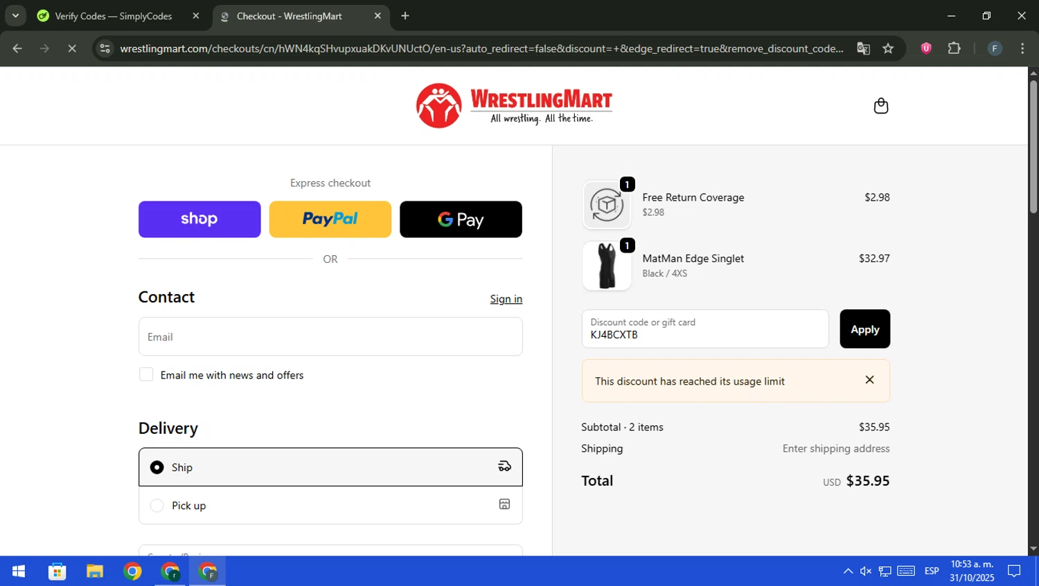 WrestlingMart discount code screenshot showing code KJ4BCXTB applied at WrestlingMart checkout page. Uploaded by SimplyCodes community member pajarito on Oct 31, 2025