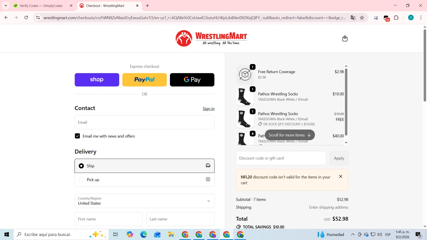 WrestlingMart discount code screenshot showing code nfl20 applied at WrestlingMart checkout page. Uploaded by SimplyCodes community member lyffytaro on Feb 9, 2026