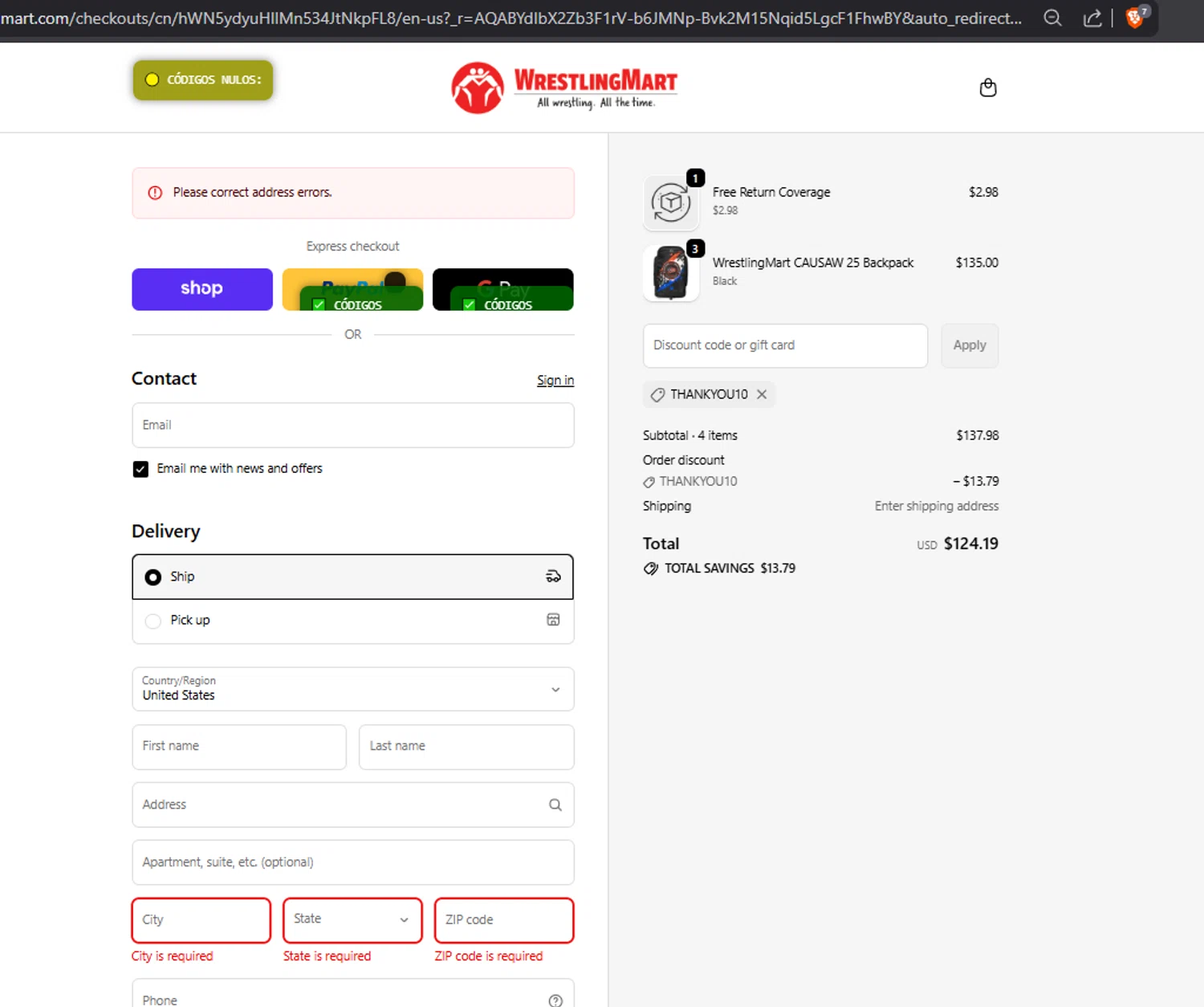 WrestlingMart discount code screenshot showing code THANKYOU10 applied at WrestlingMart checkout page. Uploaded by SimplyCodes community member Jmhernand1 on Dec 2, 2025