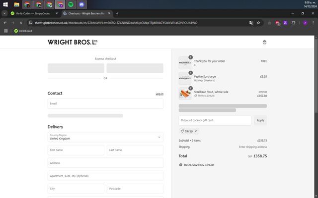 Wright Brothers checkout page showing Wright Brothers discount code box | Screenshot taken by SimplyCodes community member on Dec 14, 2024
