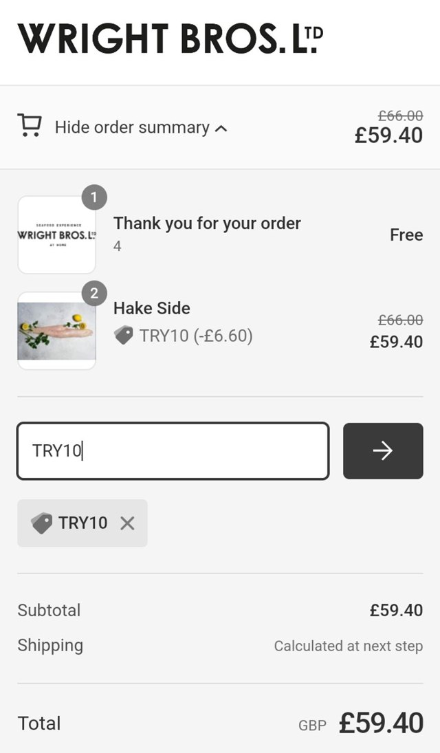 Wright Brothers checkout page showing Wright Brothers discount code box | Screenshot taken by SimplyCodes community member on Mar 6, 2024