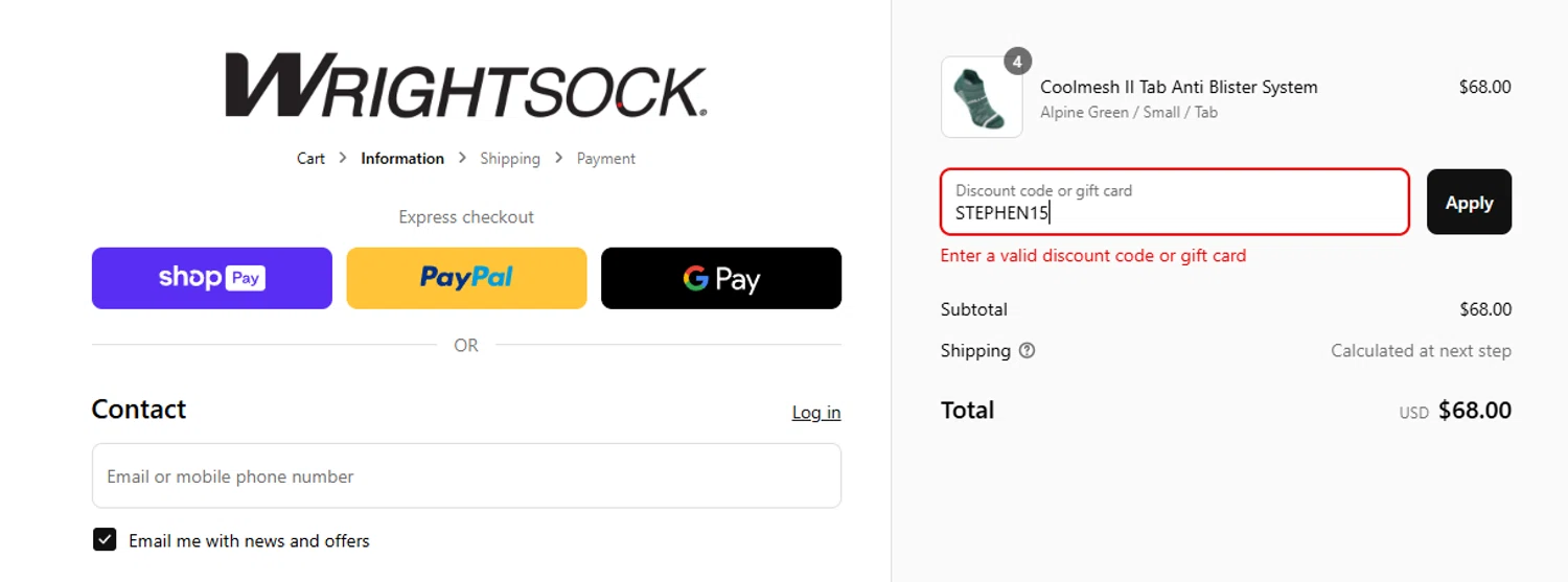 Wrightsock discount code screenshot showing code STEPHEN15 applied at Wrightsock checkout page. Uploaded by SimplyCodes community member CleverPhoenix2364 on Jun 6, 2025