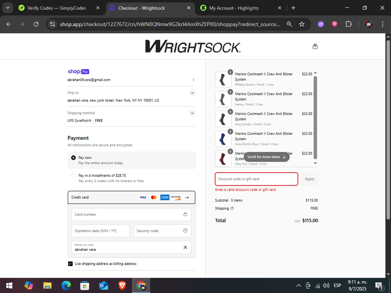 Wrightsock discount code screenshot showing code JULY4 applied at Wrightsock checkout page. Uploaded by SimplyCodes community member TreasureAdmiral6867 on Jul 9, 2025