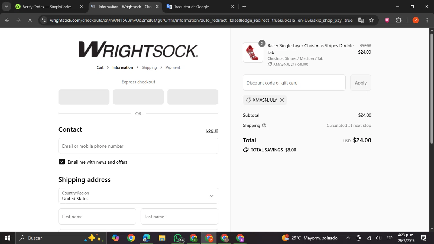 Wrightsock checkout page showing Wrightsock discount code box | Screenshot taken by SimplyCodes community member on Jul 26, 2025