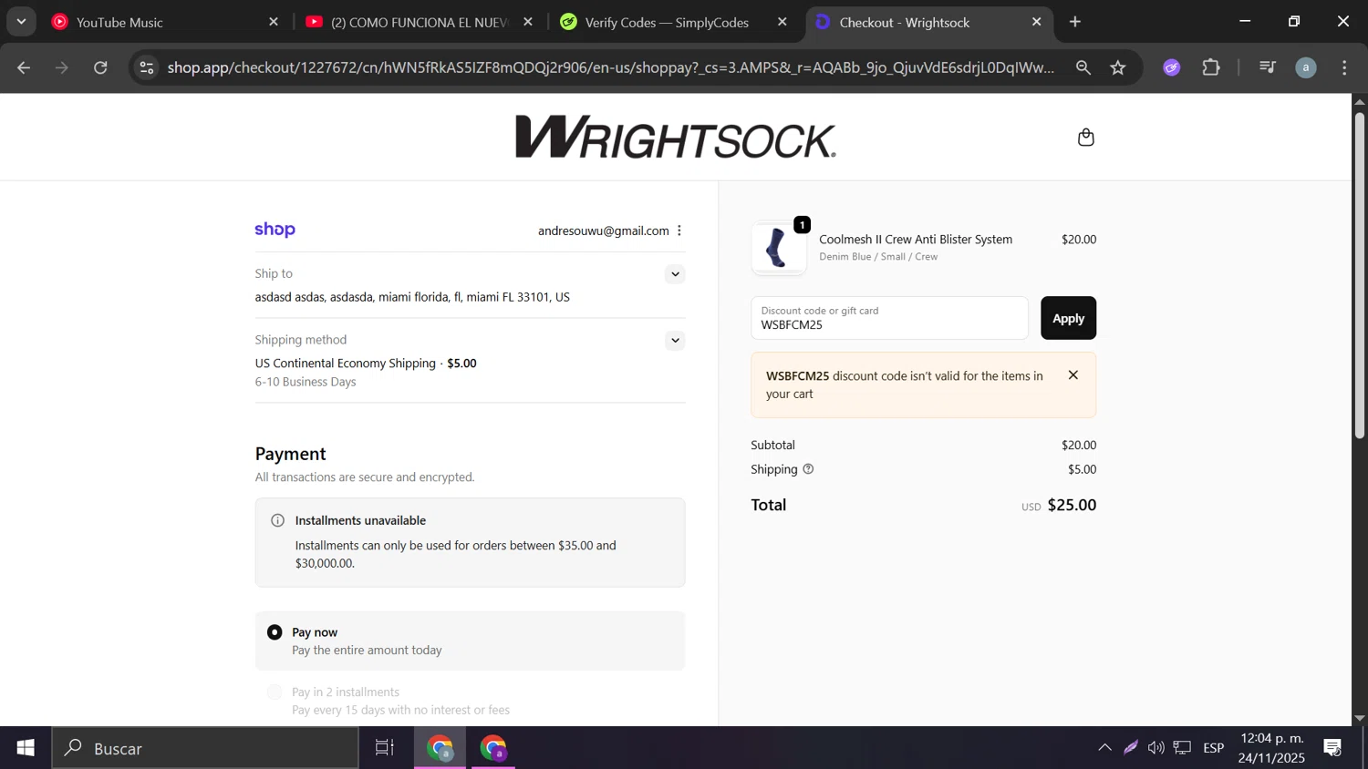 Wrightsock discount code screenshot showing code WSBFCM25 applied at Wrightsock checkout page. Uploaded by SimplyCodes community member Frizk_1 on Nov 24, 2025