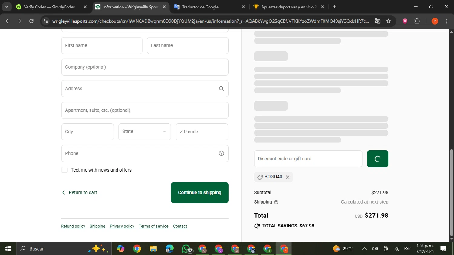 Wrigleyville Sports checkout page showing Wrigleyville Sports promo code box | Screenshot taken by SimplyCodes community member on Dec 7, 2025