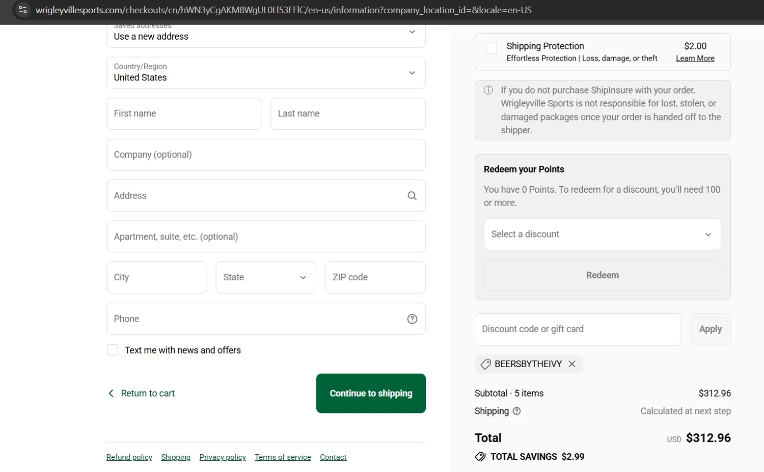 Wrigleyville Sports promo code screenshot showing code BEERSBYTHEIVY applied at Wrigleyville Sports checkout page. Uploaded by SimplyCodes community member Gray_75 on Oct 10, 2025