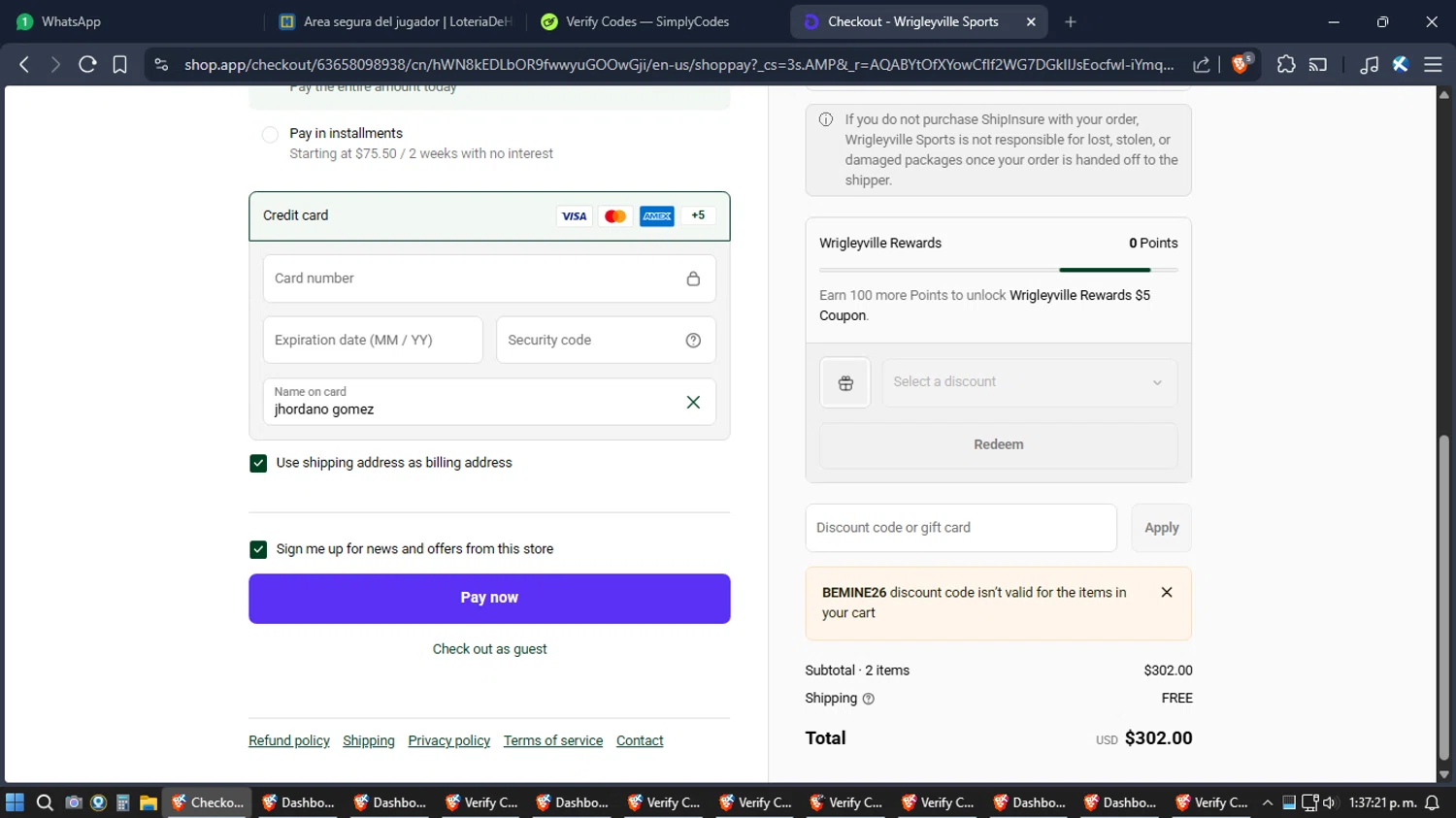 Wrigleyville Sports checkout page showing Wrigleyville Sports promo code box | Screenshot taken by SimplyCodes community member on Feb 13, 2026