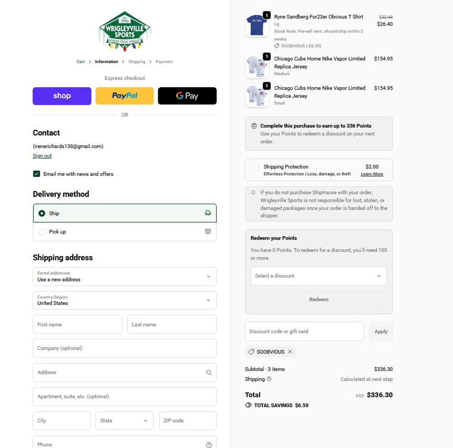 Wrigleyville Sports promo code screenshot showing code soobvious applied at Wrigleyville Sports checkout page. Uploaded by SimplyCodes community member stygian1 on Dec 13, 2025