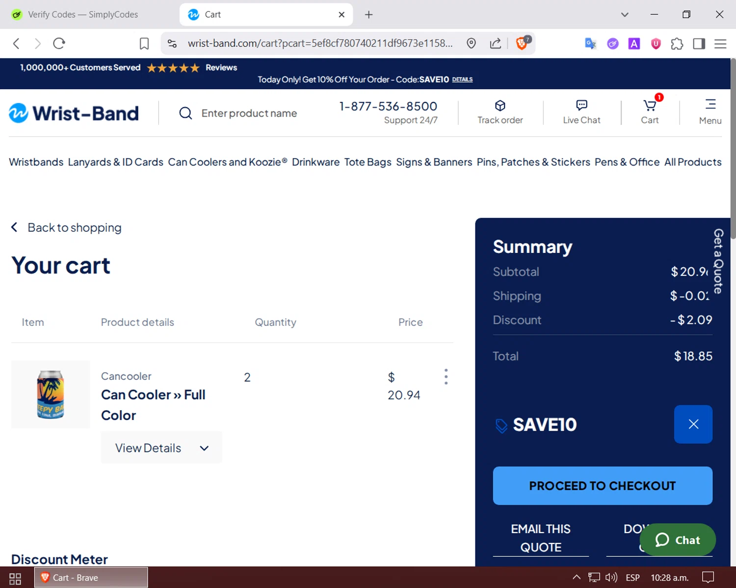 Wrist-Band.Com promo code screenshot showing code SAVE10 applied at Wrist-Band.Com checkout page. Uploaded by SimplyCodes community member LuckyPilot205 on Jun 24, 2025