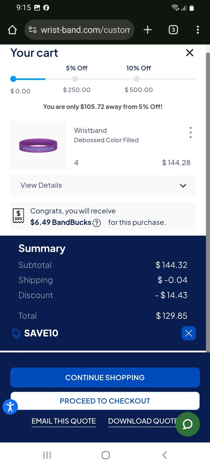 Wrist-Band.Com promo code screenshot showing code SAVE10 applied at Wrist-Band.Com checkout page. Uploaded by SimplyCodes community member tulioriera on Jun 24, 2025