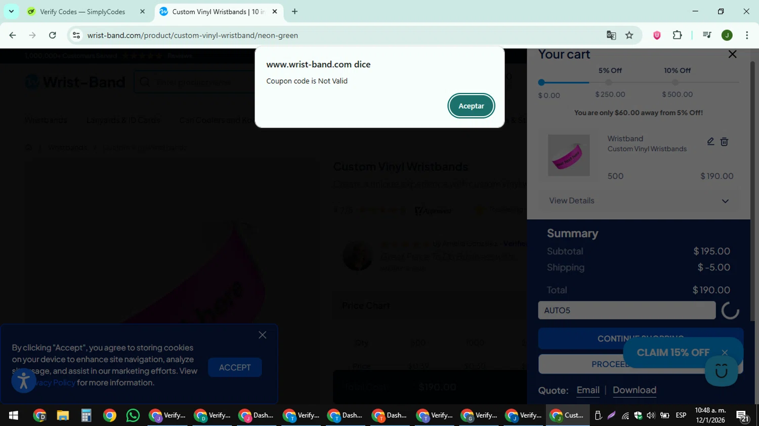 Wrist-Band.Com promo code screenshot showing code AUTO5 applied at Wrist-Band.Com checkout page. Uploaded by SimplyCodes community member ShieldFinder369 on Jan 12, 2026
