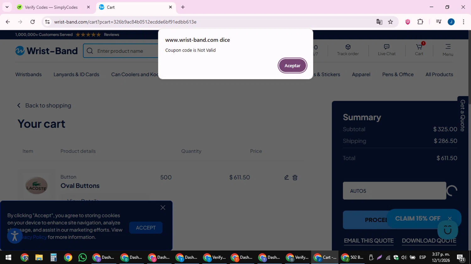 Wrist-Band.Com promo code screenshot showing code AUTO5 applied at Wrist-Band.Com checkout page. Uploaded by SimplyCodes community member noesmith34ur on Jan 12, 2026