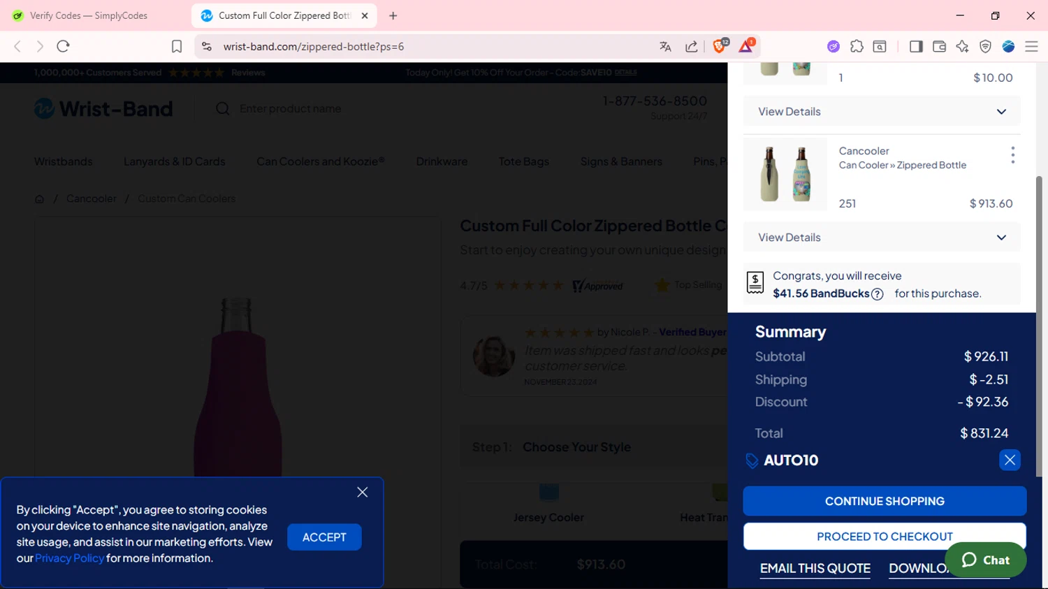 Wrist-Band.Com promo code screenshot showing code AUTO10 applied at Wrist-Band.Com checkout page. Uploaded by SimplyCodes community member fabianmartinez on Jul 20, 2025