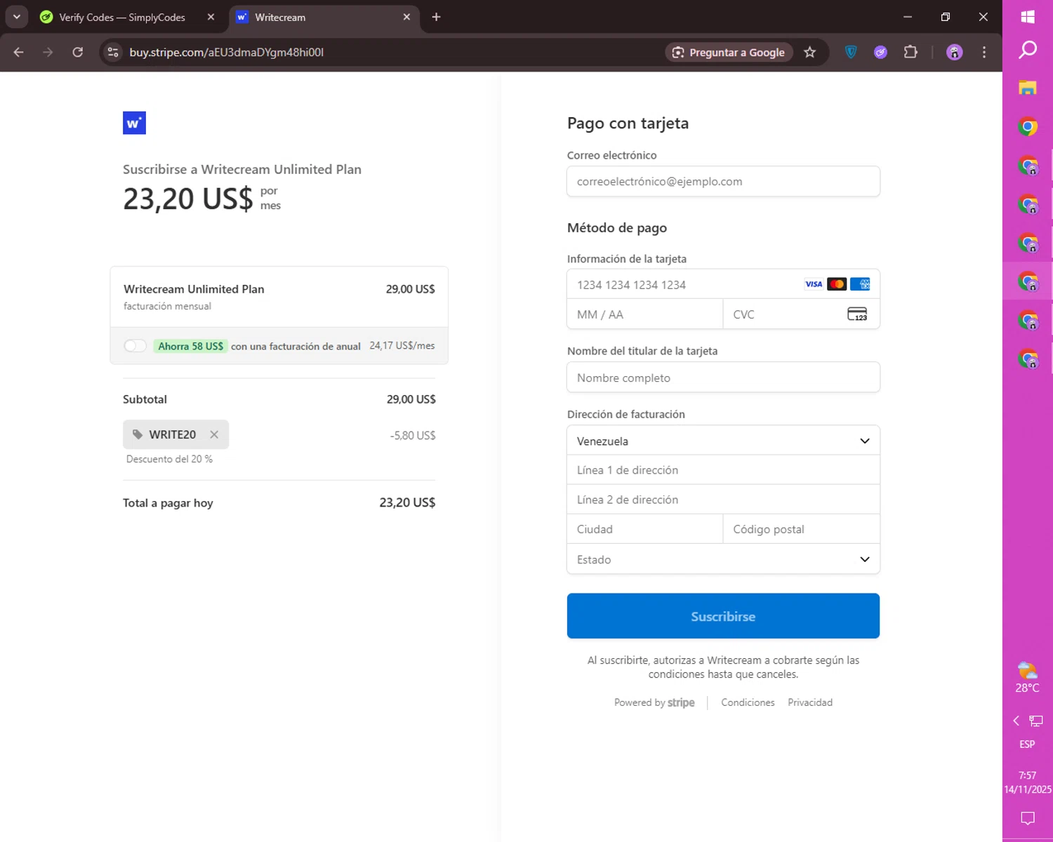 Writecream promo code screenshot showing code WRITE20 applied at Writecream checkout page. Uploaded by SimplyCodes community member ositouno on Nov 14, 2025