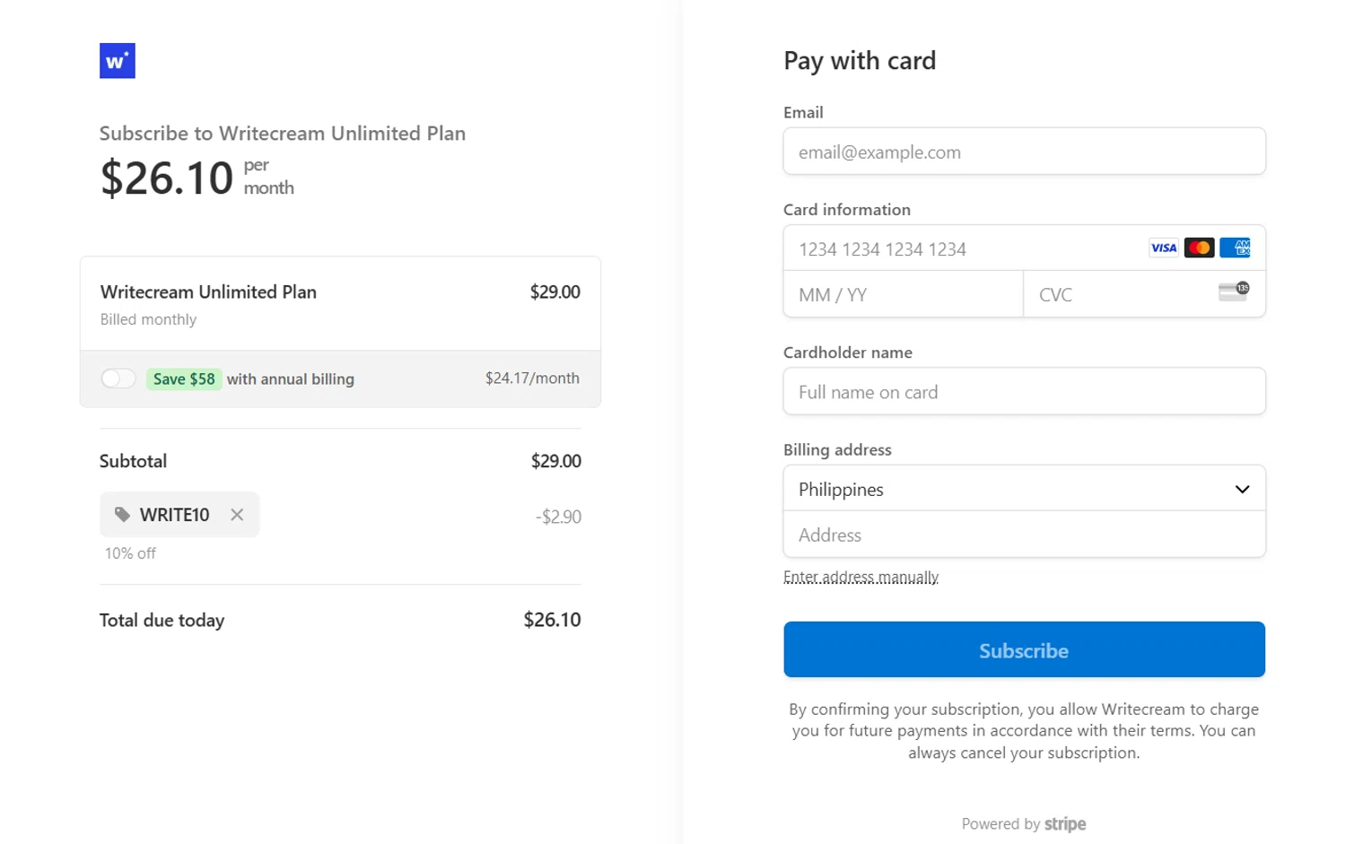 Writecream promo code screenshot showing code WRITE10 applied at Writecream checkout page. Uploaded by SimplyCodes community member berdetweet on Jun 11, 2025