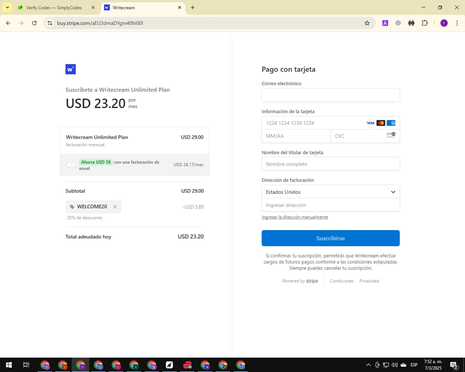 Writecream promo code screenshot showing code WELCOME20 applied at Writecream checkout page. Uploaded by SimplyCodes community member ThriftyCaptain4977 on Mar 7, 2025